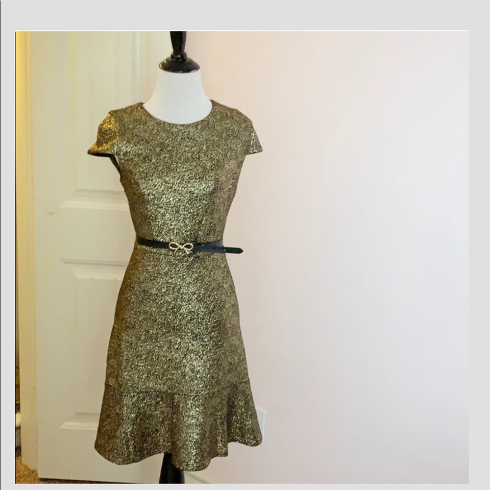 MICHAEL KORS Gold Foil Knit Flounce Dress …
